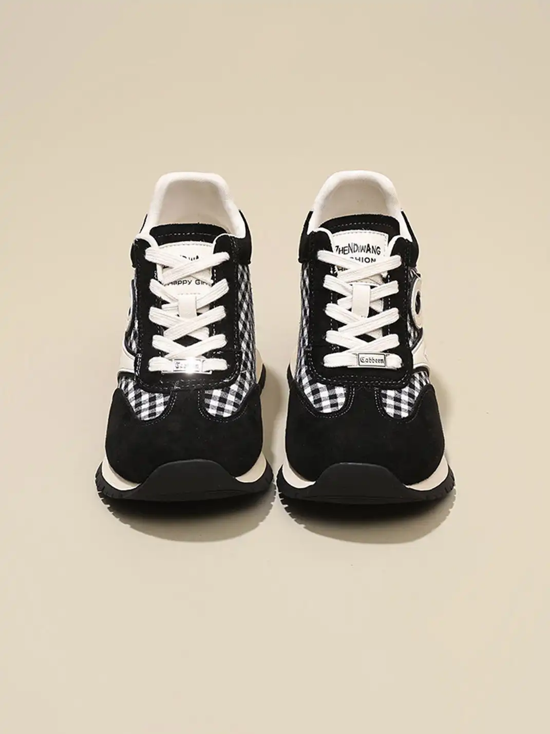 GRACE PANDA | Gingham Print Hidden Wedge Sneakers-Black
