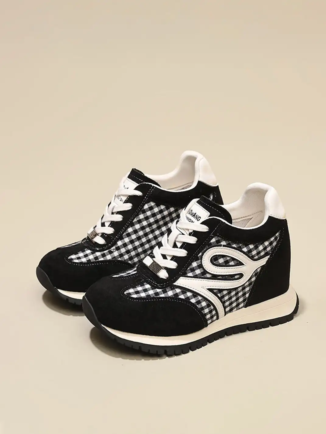 GRACE PANDA | Gingham Print Hidden Wedge Sneakers-Black