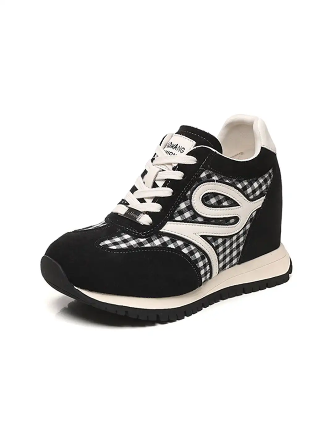 GRACE PANDA | Gingham Print Hidden Wedge Sneakers-Black