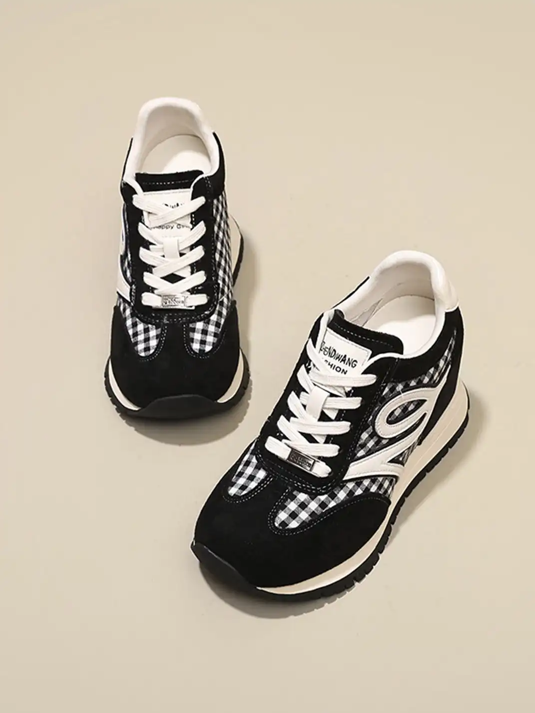 GRACE PANDA | Gingham Print Hidden Wedge Sneakers-Black