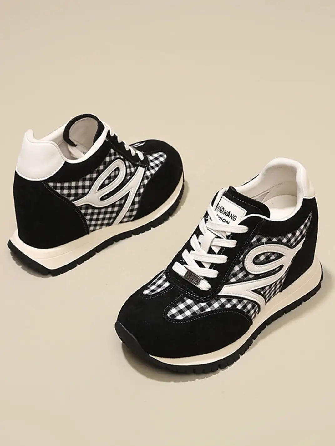 GRACE PANDA | Gingham Print Hidden Wedge Sneakers-Black