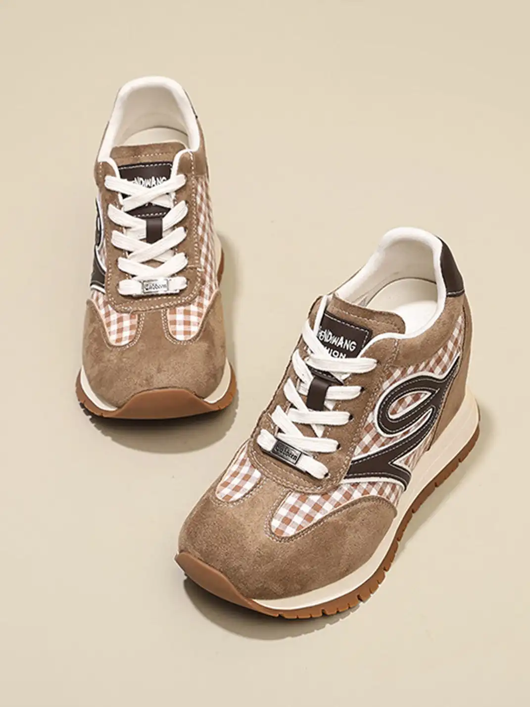 GRACE PANDA | Gingham Print Hidden Wedge Sneakers-Khaki