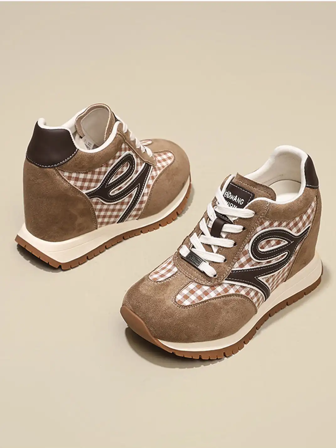 GRACE PANDA | Gingham Print Hidden Wedge Sneakers-Khaki