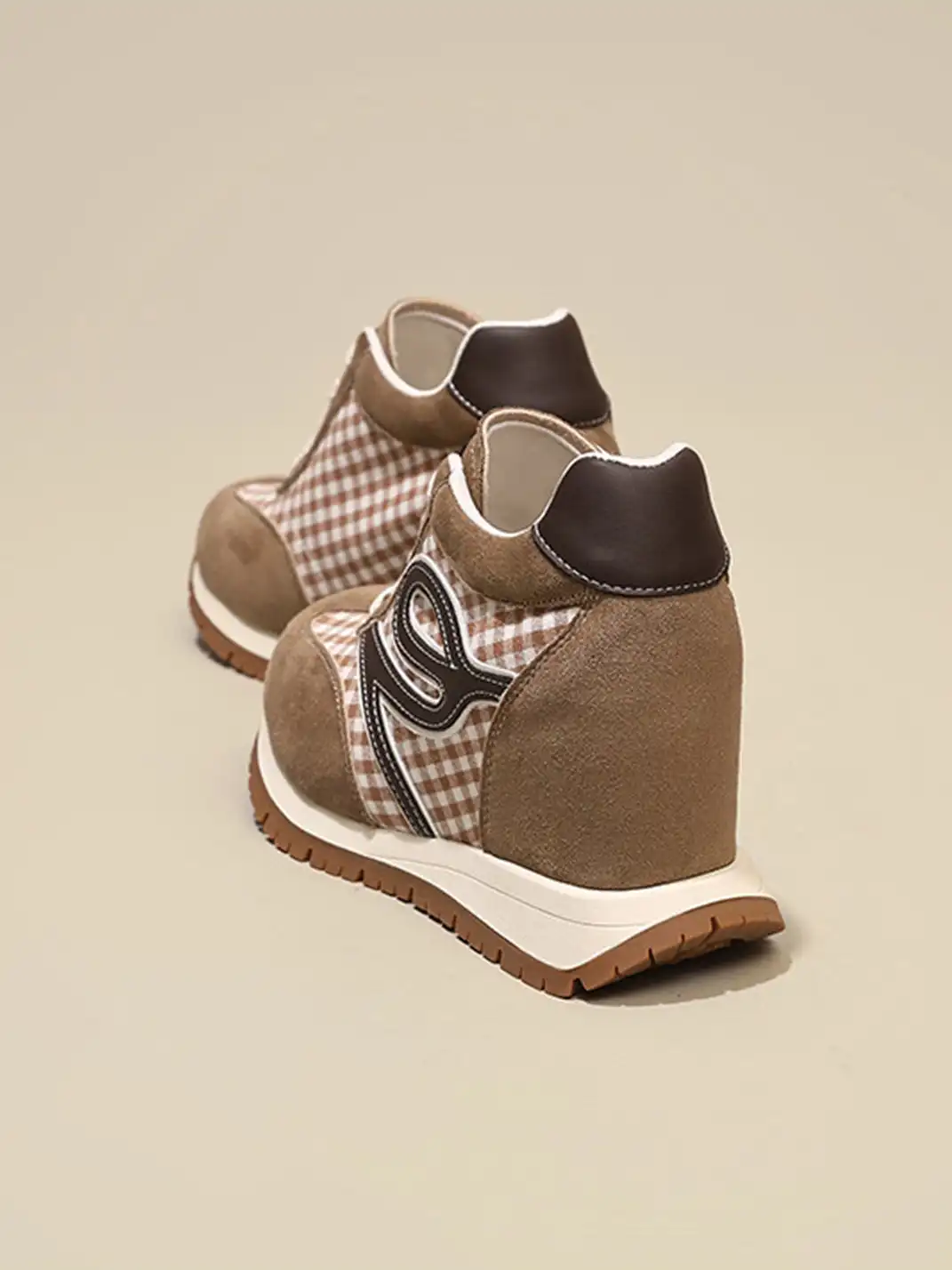 GRACE PANDA | Gingham Print Hidden Wedge Sneakers-Khaki