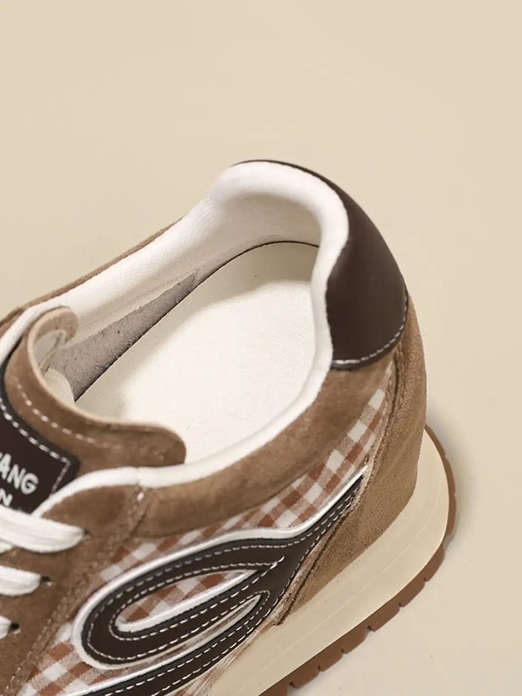 GRACE PANDA | Gingham Print Hidden Wedge Sneakers-Khaki