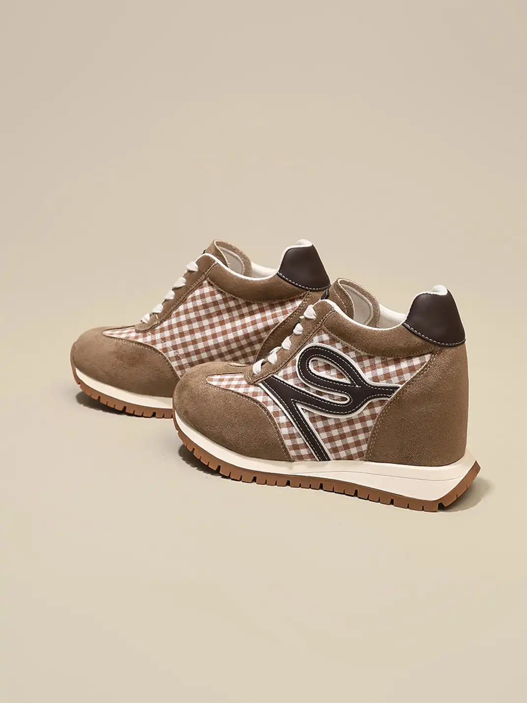 GRACE PANDA | Gingham Print Hidden Wedge Sneakers-Khaki