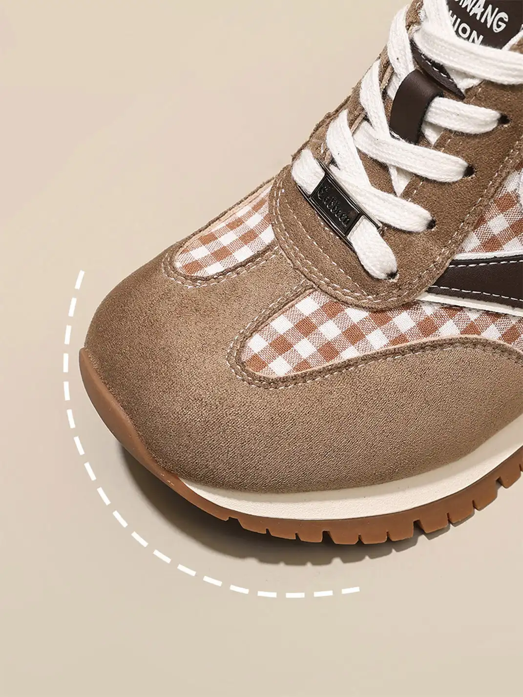 GRACE PANDA | Gingham Print Hidden Wedge Sneakers-Khaki