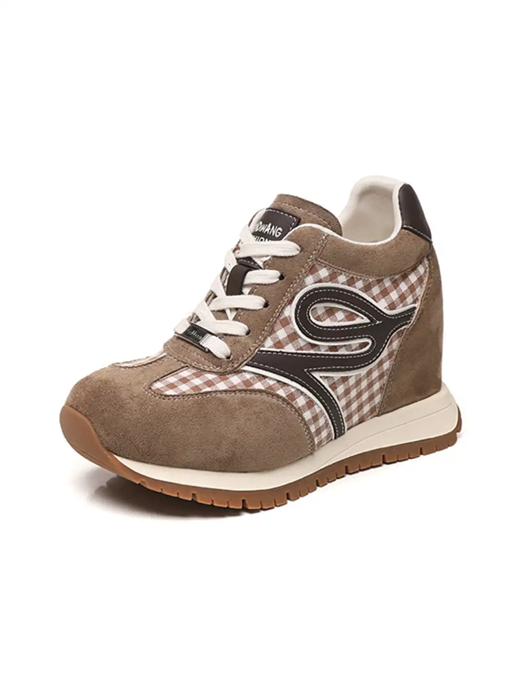 GRACE PANDA | Gingham Print Hidden Wedge Sneakers-Khaki