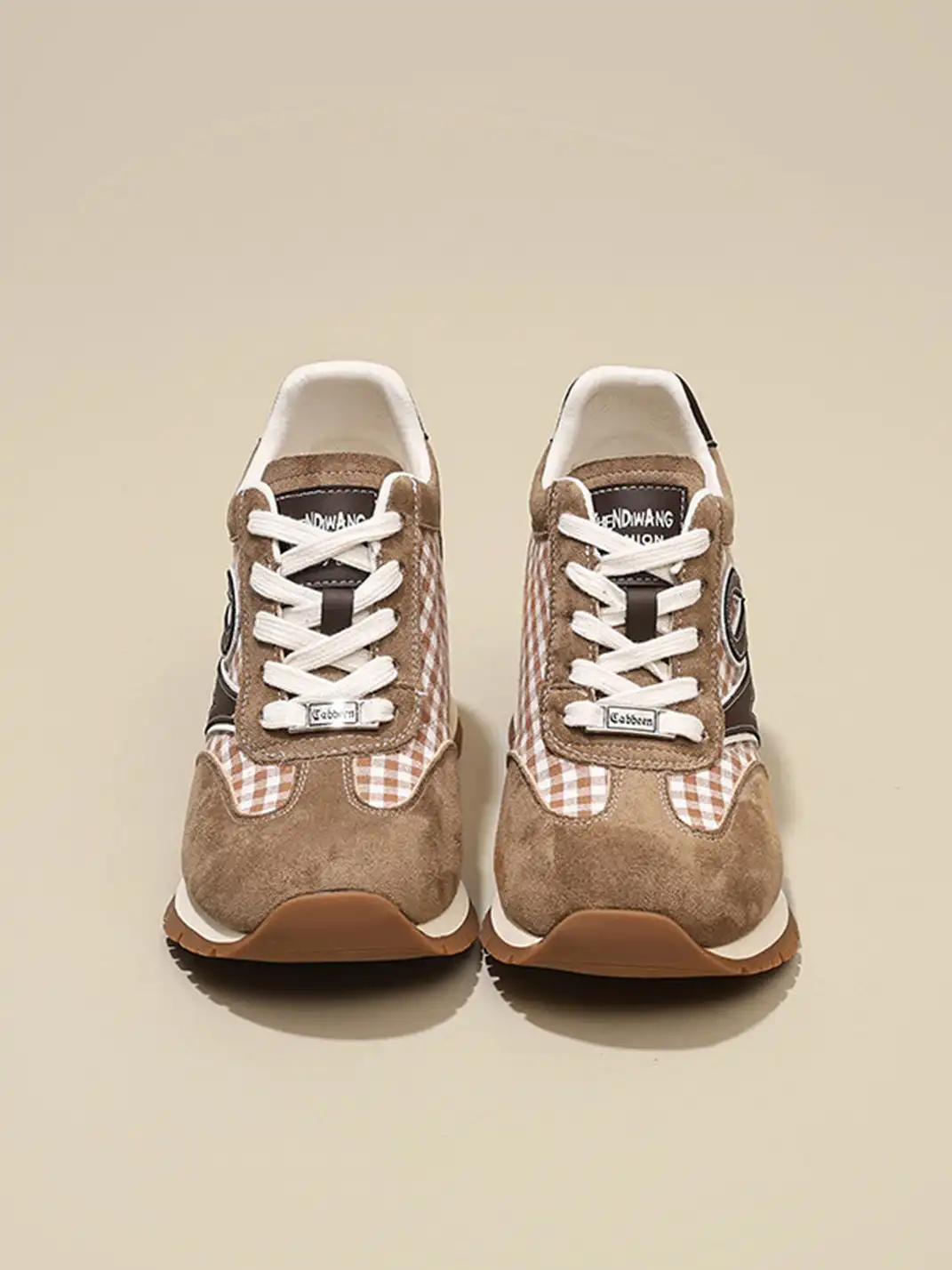 GRACE PANDA | Gingham Print Hidden Wedge Sneakers-Khaki