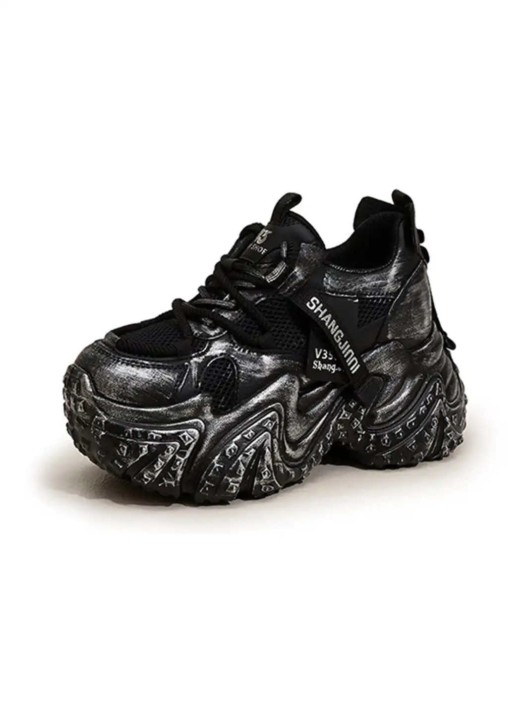 GRACE PANDA | Distressed Platform Dad Shoes-Black