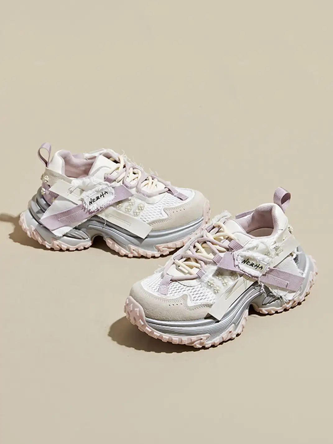 GRACE PANDA | Patchwork Soft-Soled Mesh Platform Sneakers-Pink
