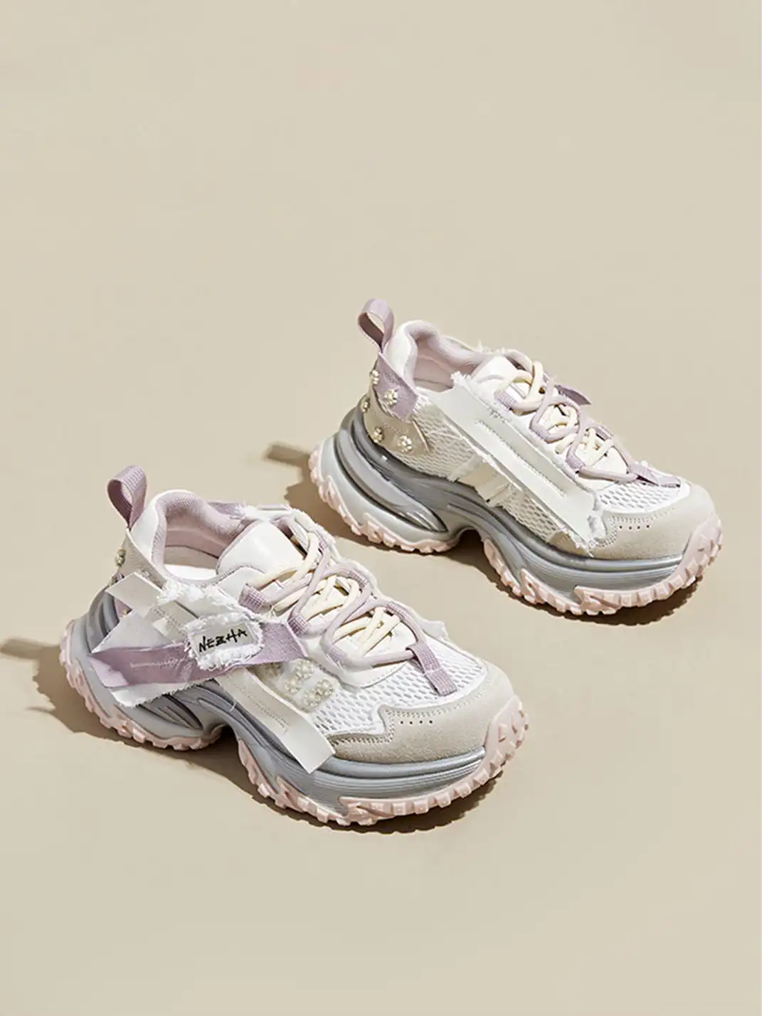 GRACE PANDA | Patchwork Soft-Soled Mesh Platform Sneakers-Pink