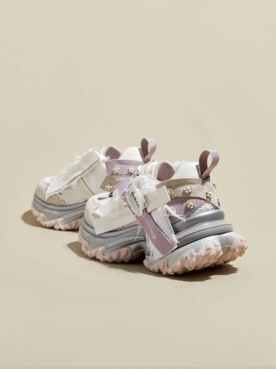 GRACE PANDA | Patchwork Soft-Soled Mesh Platform Sneakers-Pink - 4
