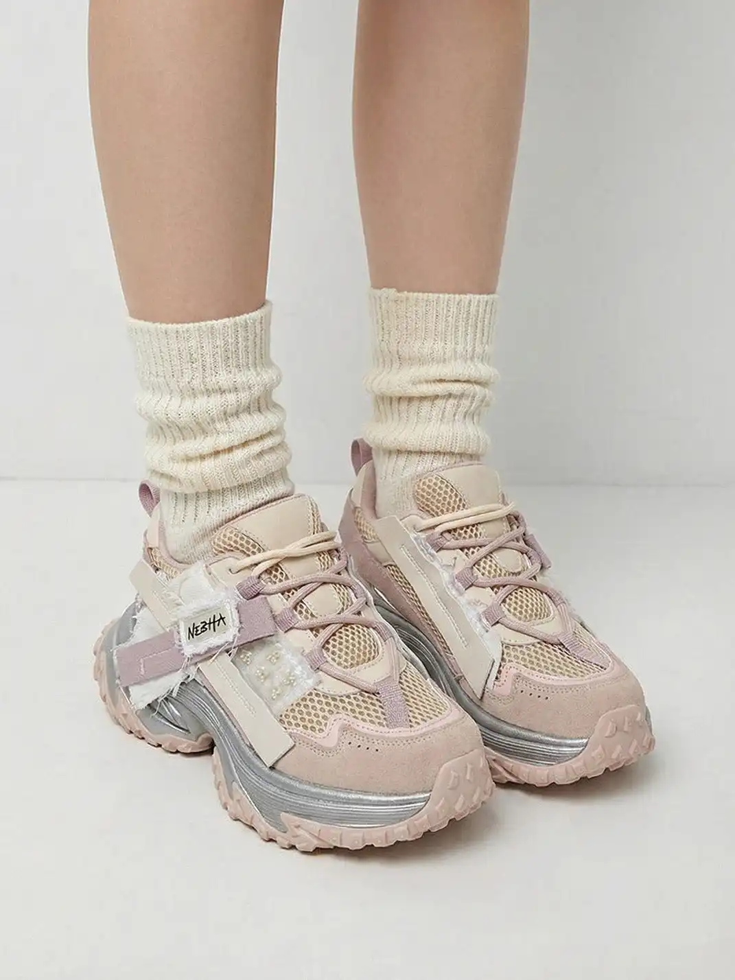 GRACE PANDA | Patchwork Soft-Soled Mesh Platform Sneakers-Pink