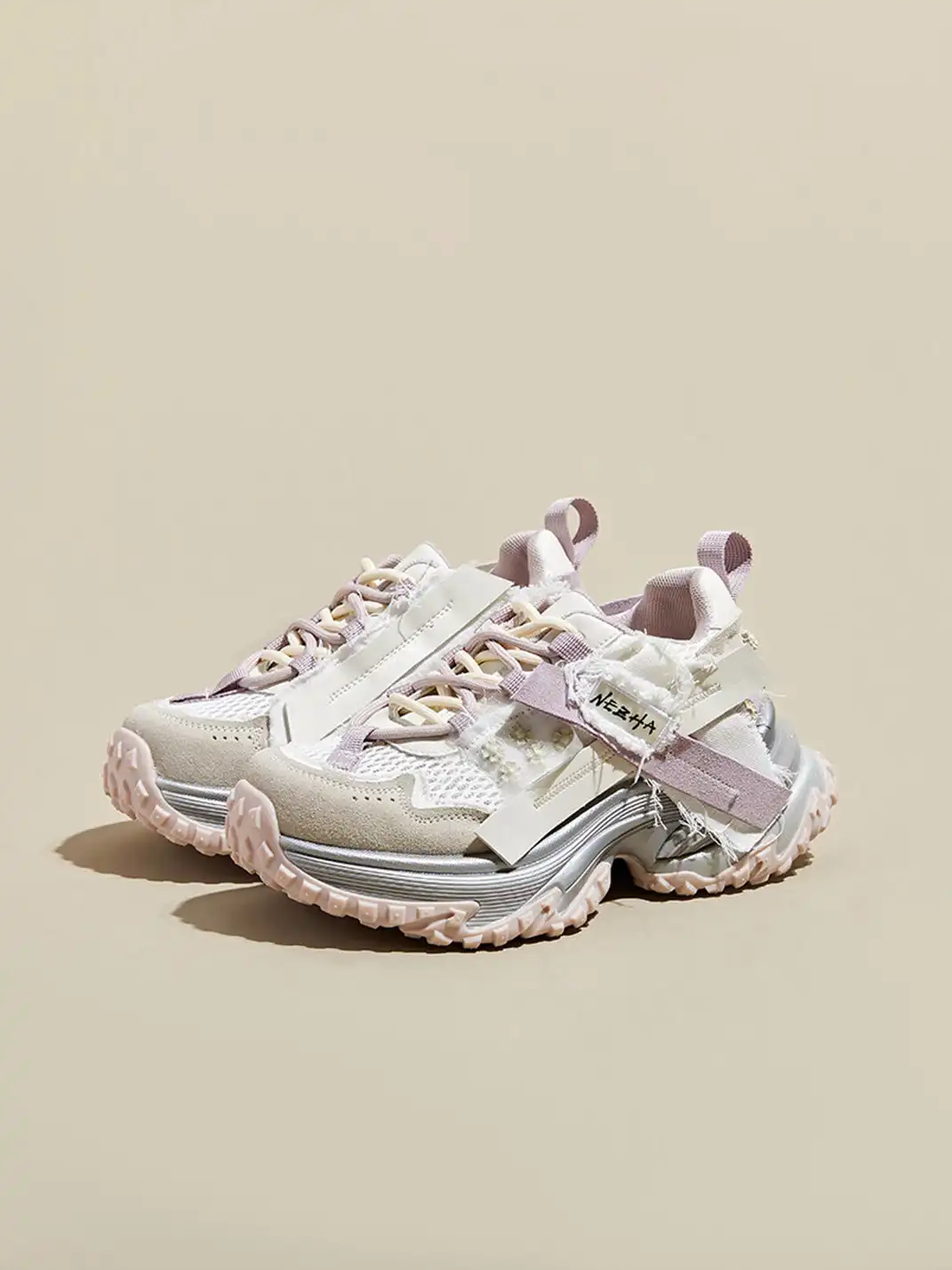GRACE PANDA | Patchwork Soft-Soled Mesh Platform Sneakers-Pink