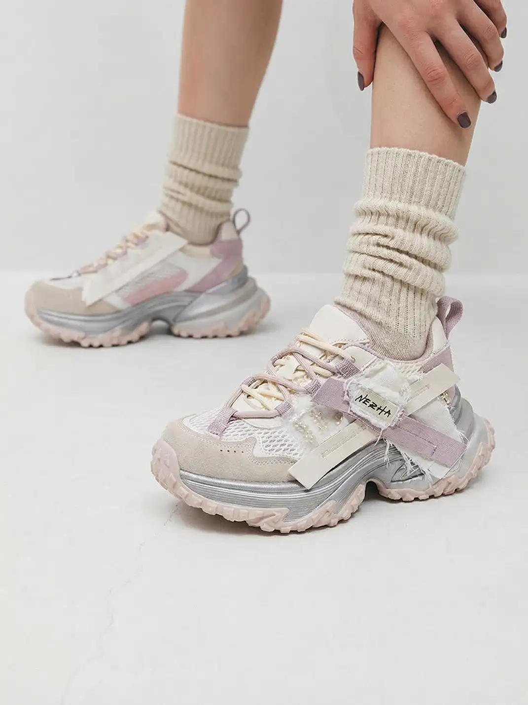 GRACE PANDA | Patchwork Soft-Soled Mesh Platform Sneakers-Pink