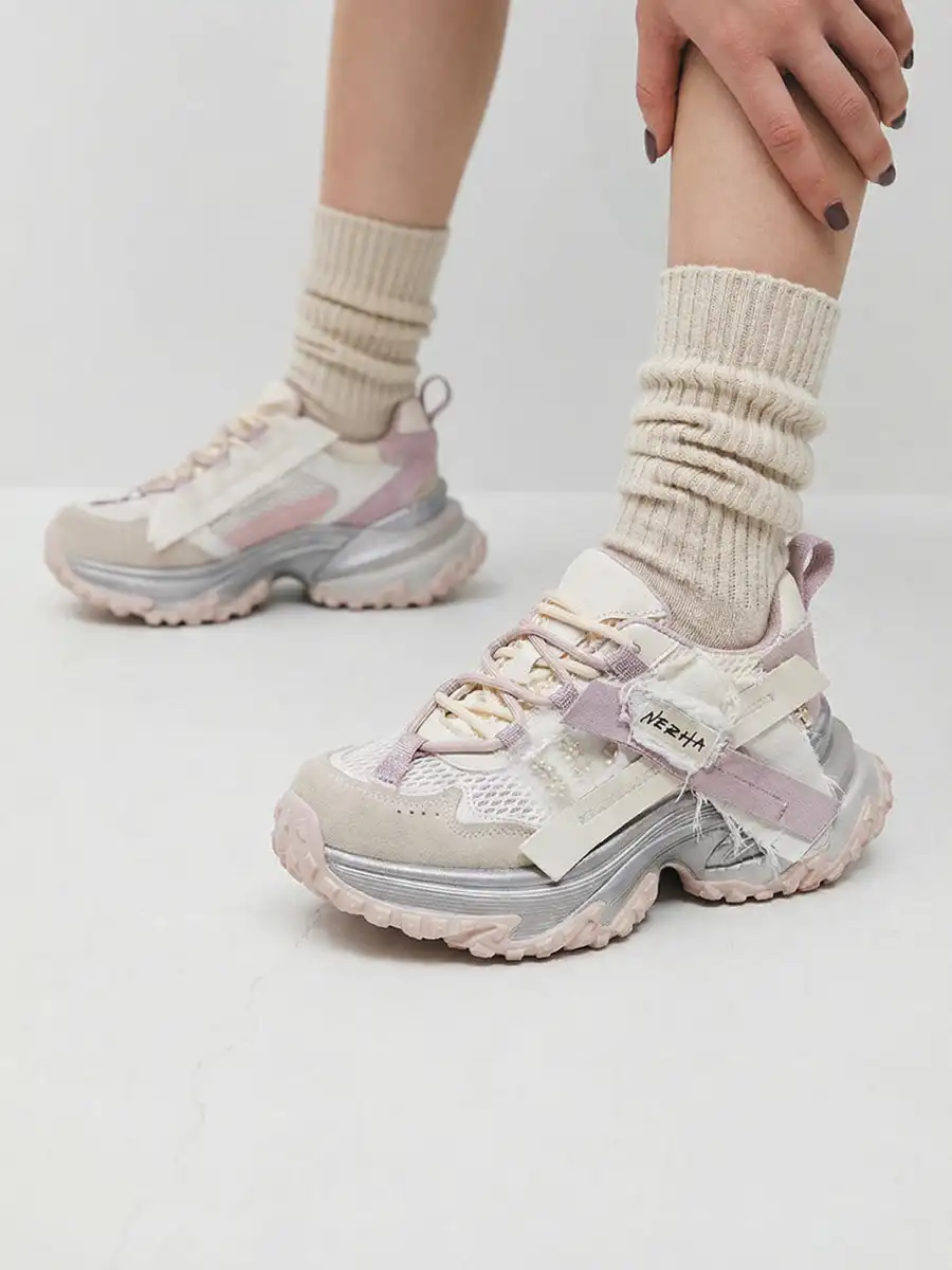 GRACE PANDA | Patchwork Soft-Soled Mesh Platform Sneakers-Pink - 2