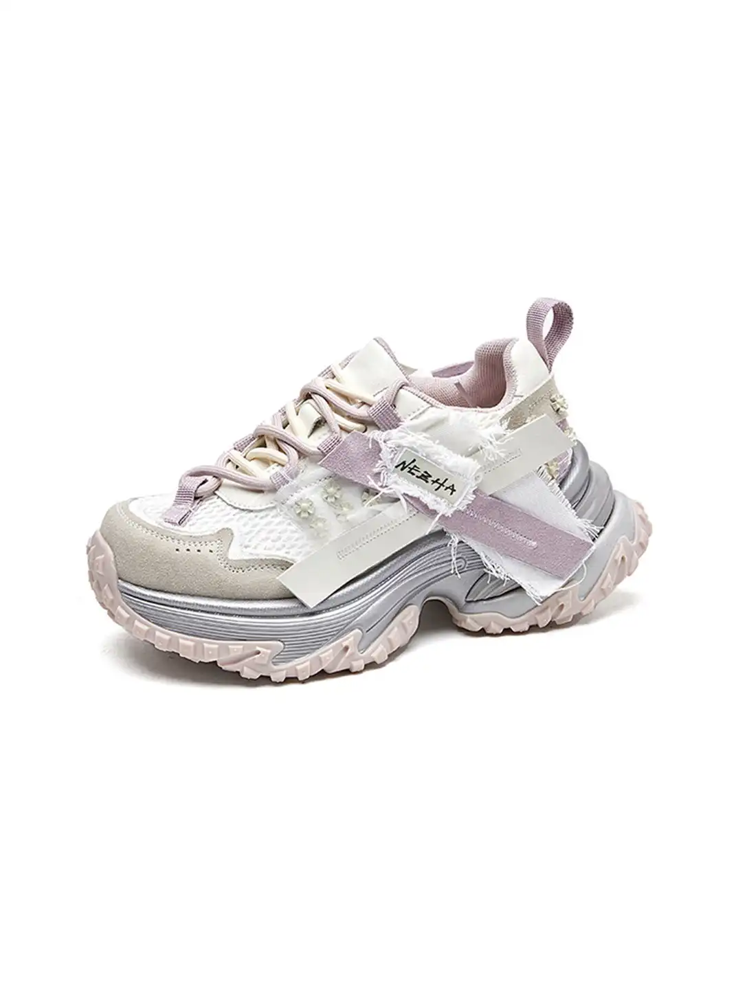 GRACE PANDA | Patchwork Soft-Soled Mesh Platform Sneakers-Pink
