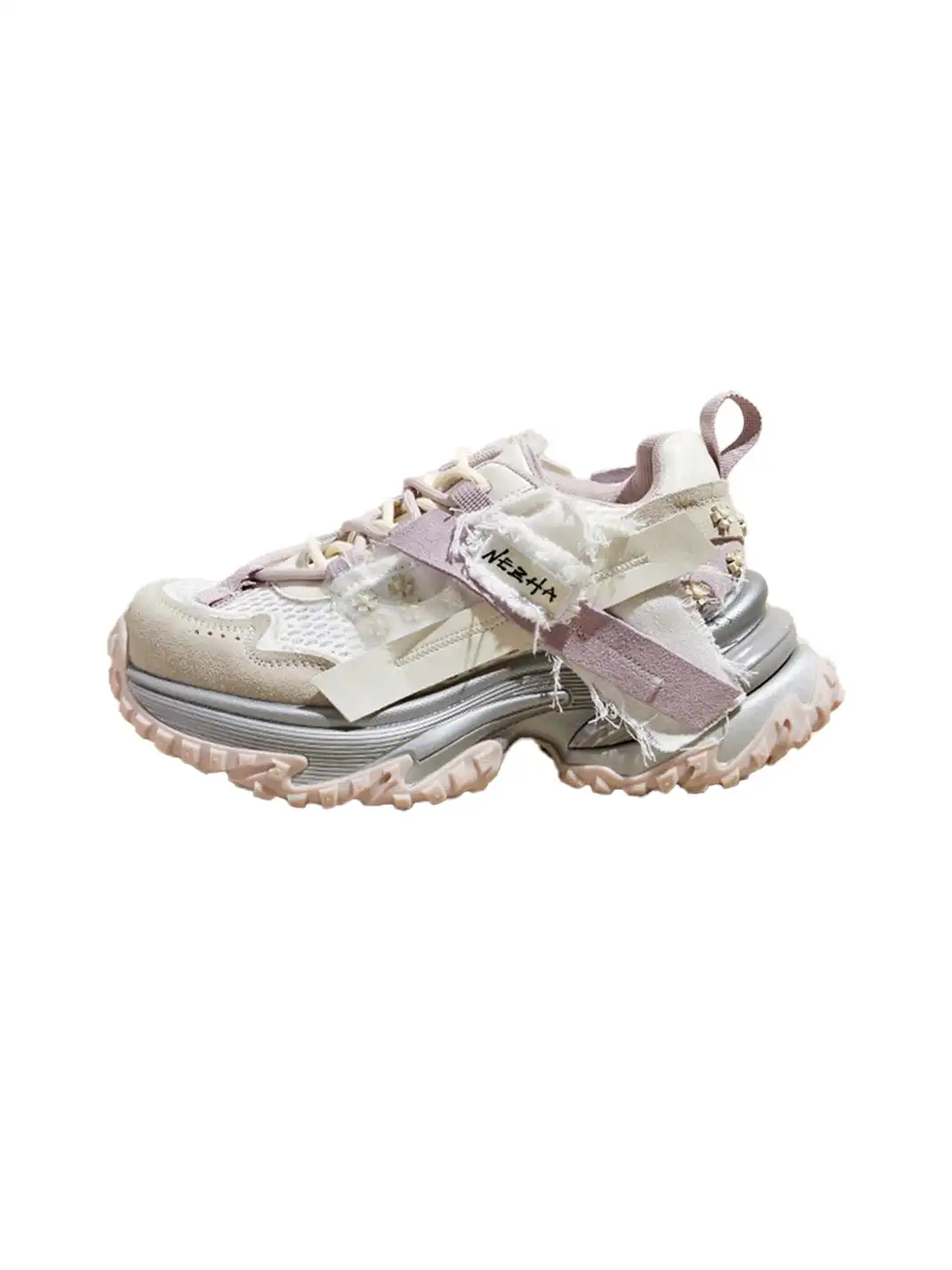 GRACE PANDA | Patchwork Soft-Soled Mesh Platform Sneakers-Pink