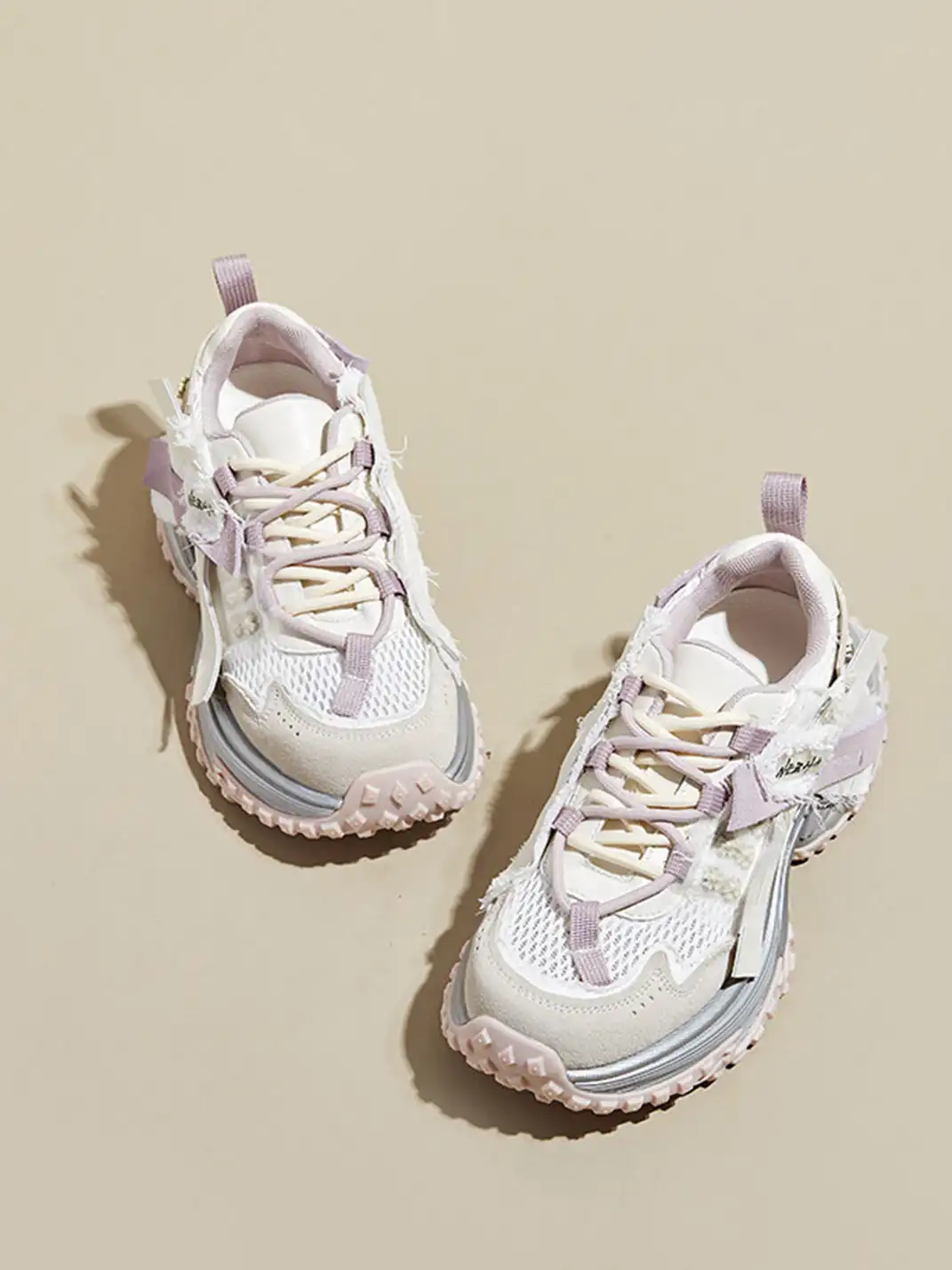 GRACE PANDA | Patchwork Soft-Soled Mesh Platform Sneakers-Pink