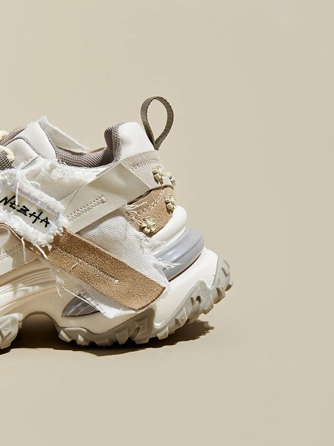 GRACE PANDA | Patchwork Soft-Soled Mesh Platform Sneakers-Khaki