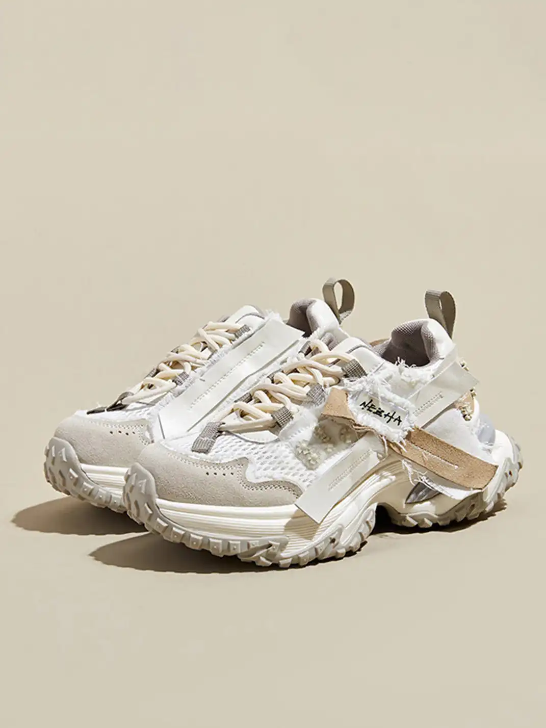 GRACE PANDA | Patchwork Soft-Soled Mesh Platform Sneakers-Khaki