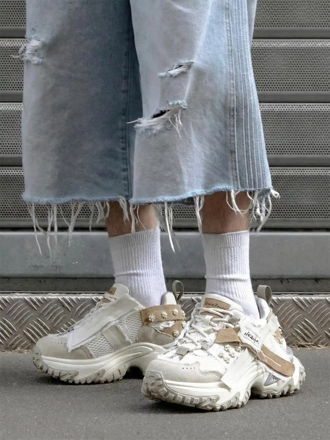 GRACE PANDA | Patchwork Soft-Soled Mesh Platform Sneakers-Khaki