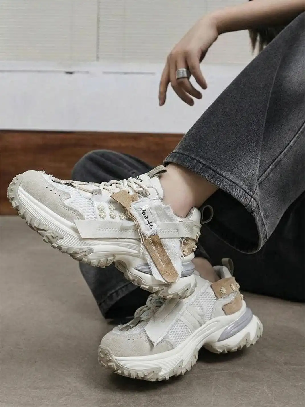 GRACE PANDA | Patchwork Soft-Soled Mesh Platform Sneakers-Khaki