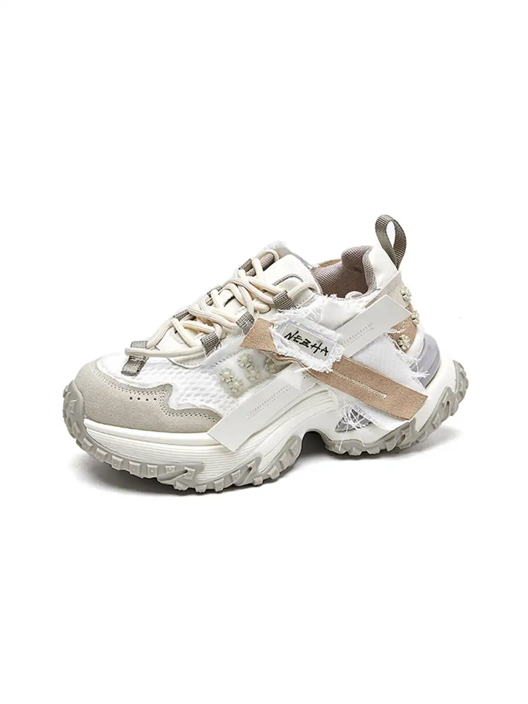 GRACE PANDA | Patchwork Soft-Soled Mesh Platform Sneakers-Khaki