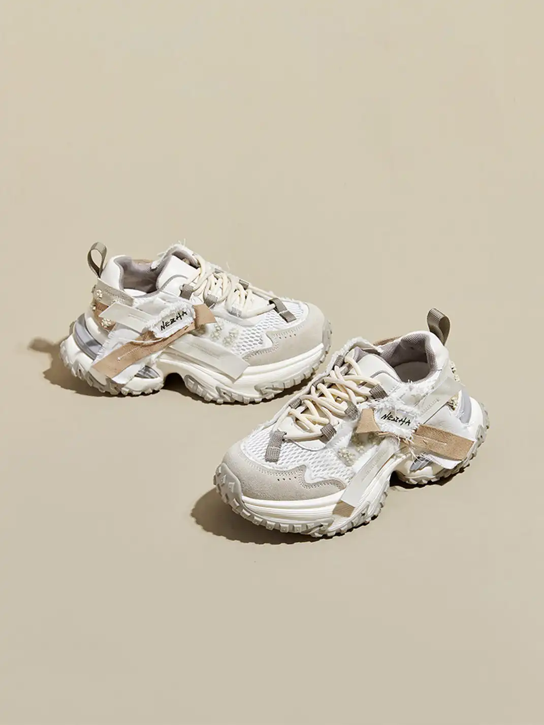 GRACE PANDA | Patchwork Soft-Soled Mesh Platform Sneakers-Khaki