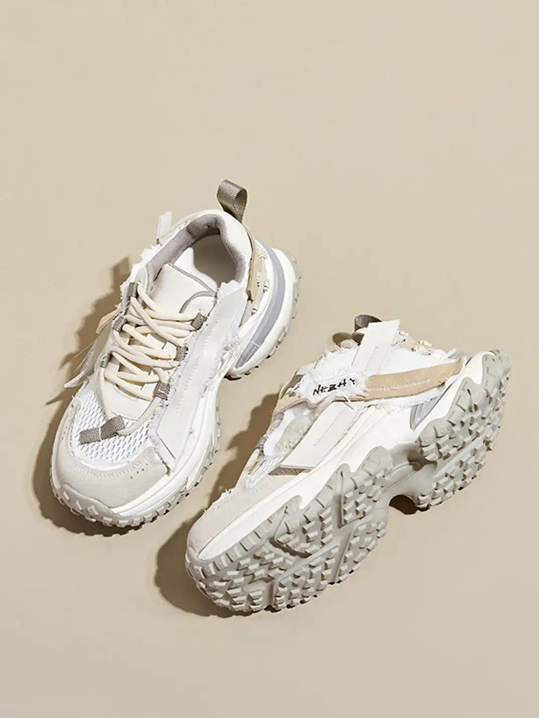 GRACE PANDA | Patchwork Soft-Soled Mesh Platform Sneakers-Khaki