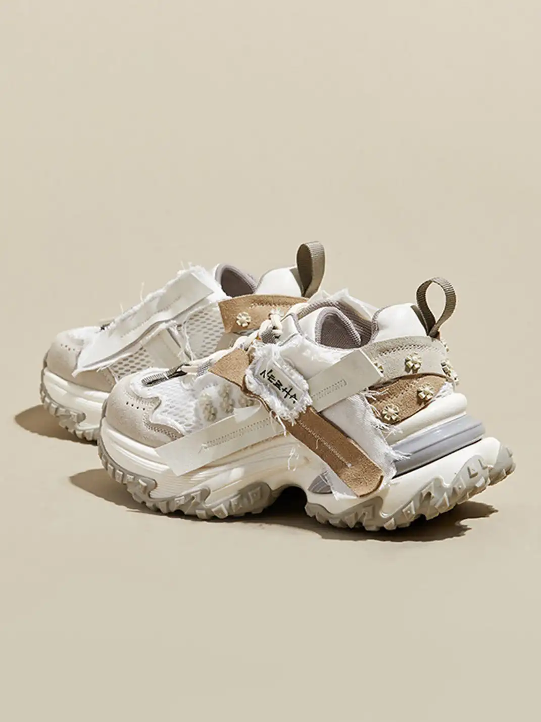 GRACE PANDA | Patchwork Soft-Soled Mesh Platform Sneakers-Khaki