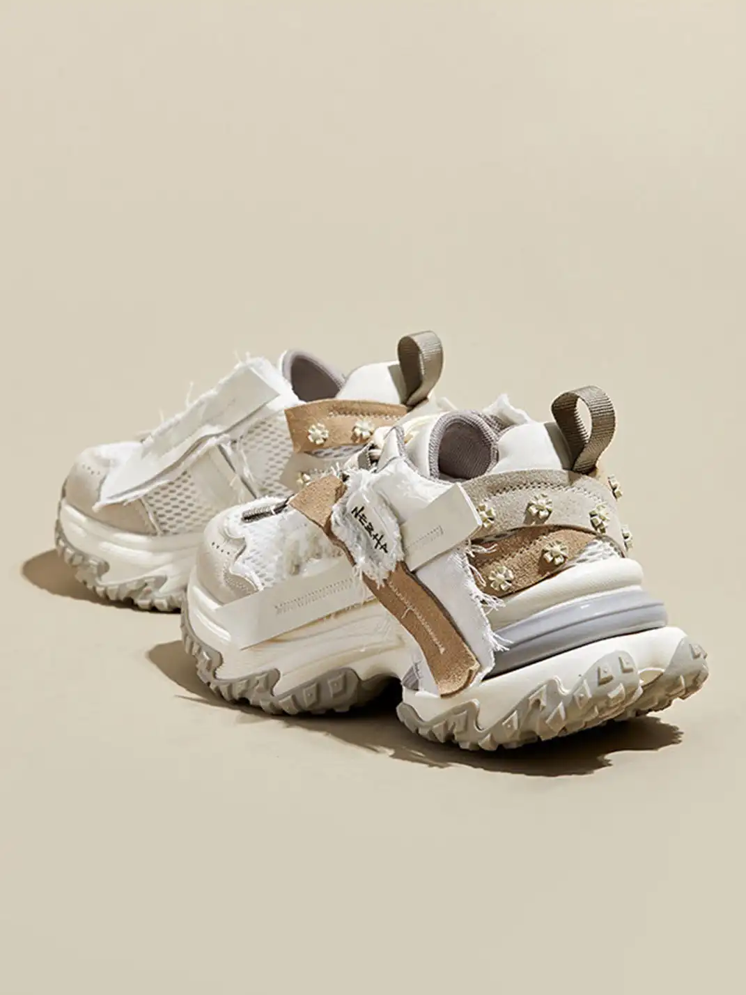 GRACE PANDA | Patchwork Soft-Soled Mesh Platform Sneakers-Khaki