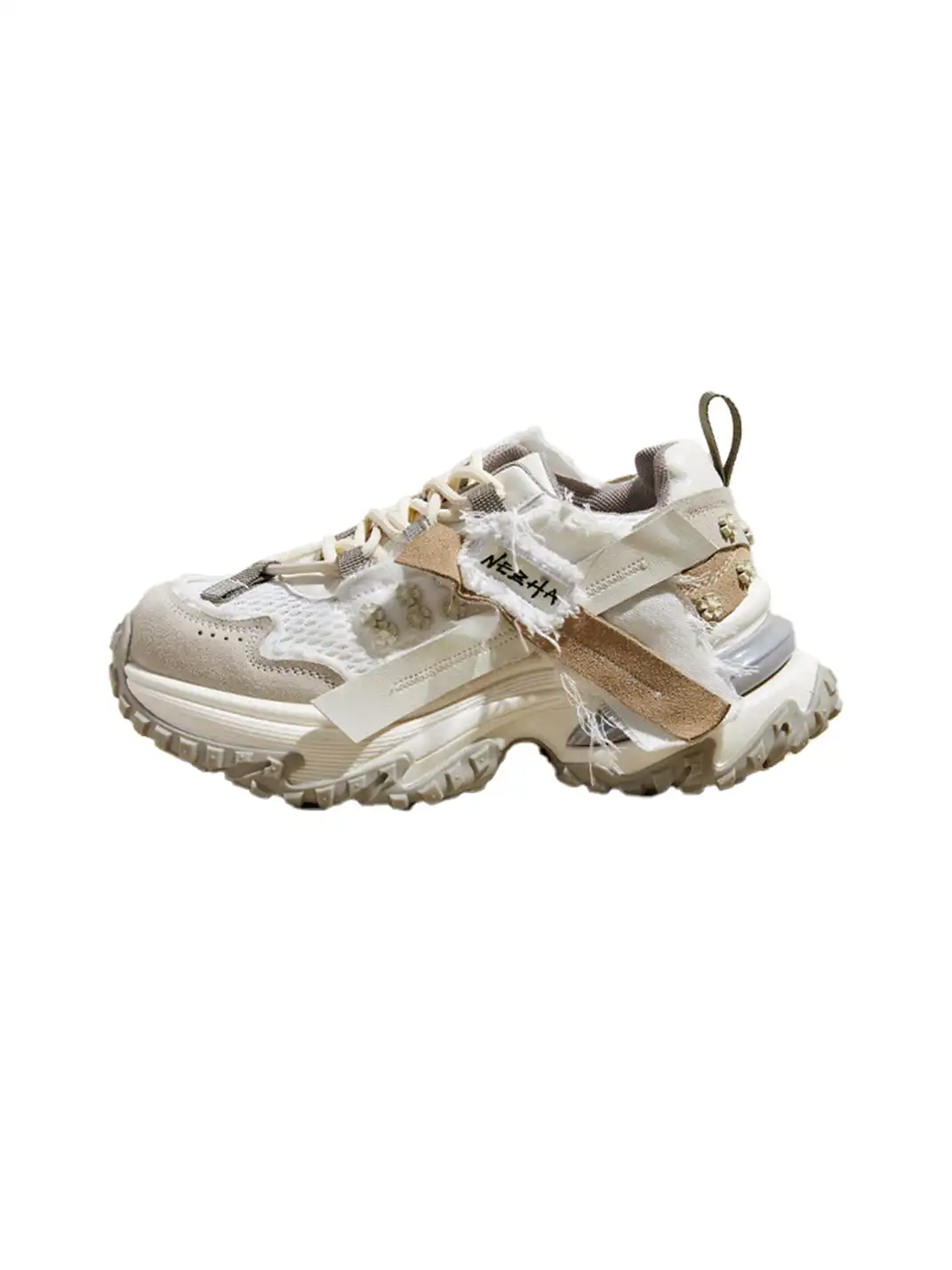 GRACE PANDA | Patchwork Soft-Soled Mesh Platform Sneakers-Khaki