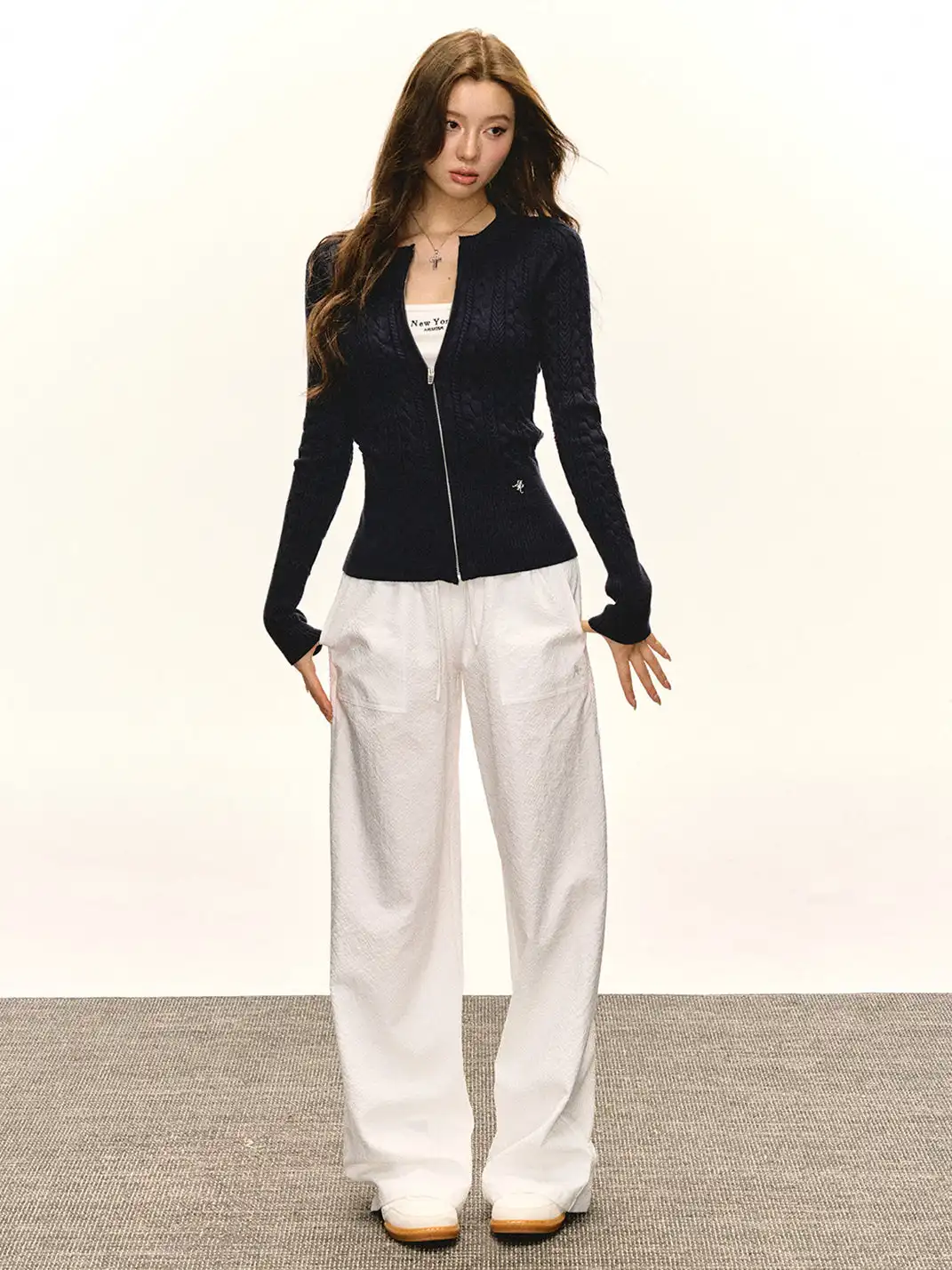 ARISEISM | Round Neck Cable Knit Cardigan Sweater