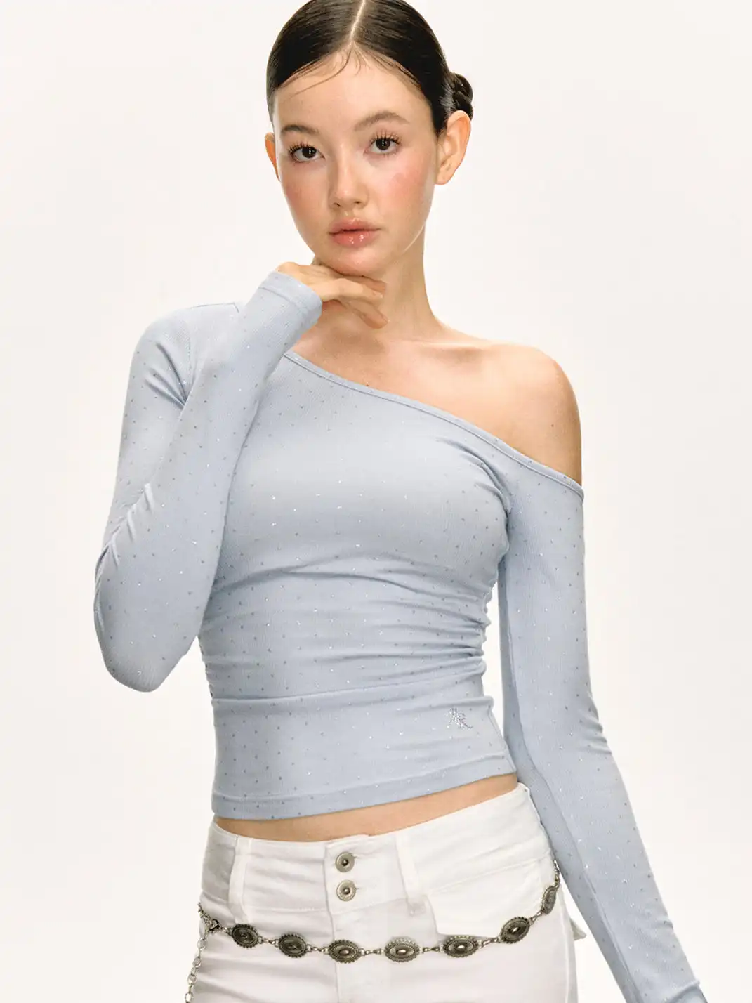 ARISEISM | Rhinestone-Studded Off-Shoulder Tee