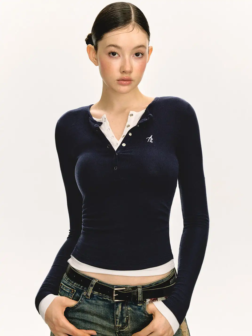 ARISEISM | Henley Collar Knitted Faux Two-Piece Long-Sleeved Top