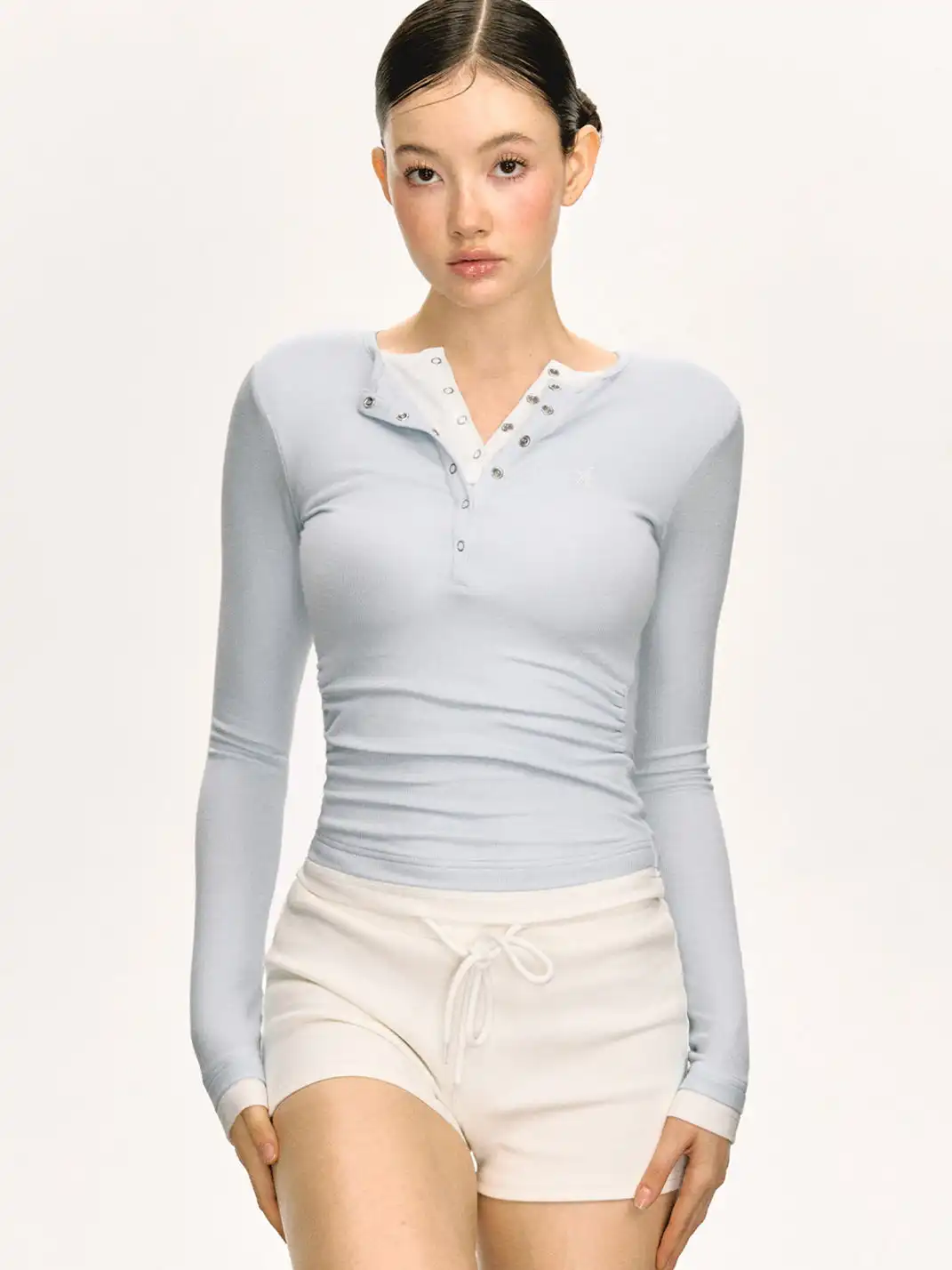 ARISEISM | Henley Collar Knitted Faux Two-Piece Long-Sleeved Top