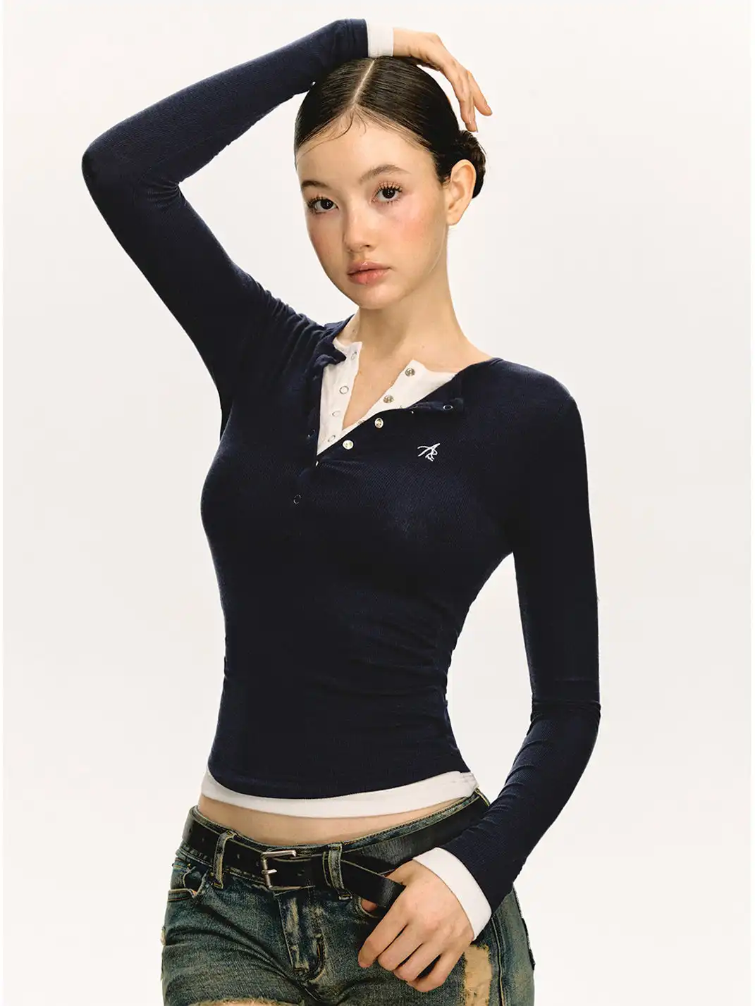 ARISEISM | Henley Collar Knitted Faux Two-Piece Long-Sleeved Top