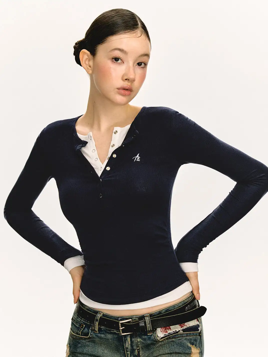 ARISEISM | Henley Collar Knitted Faux Two-Piece Long-Sleeved Top