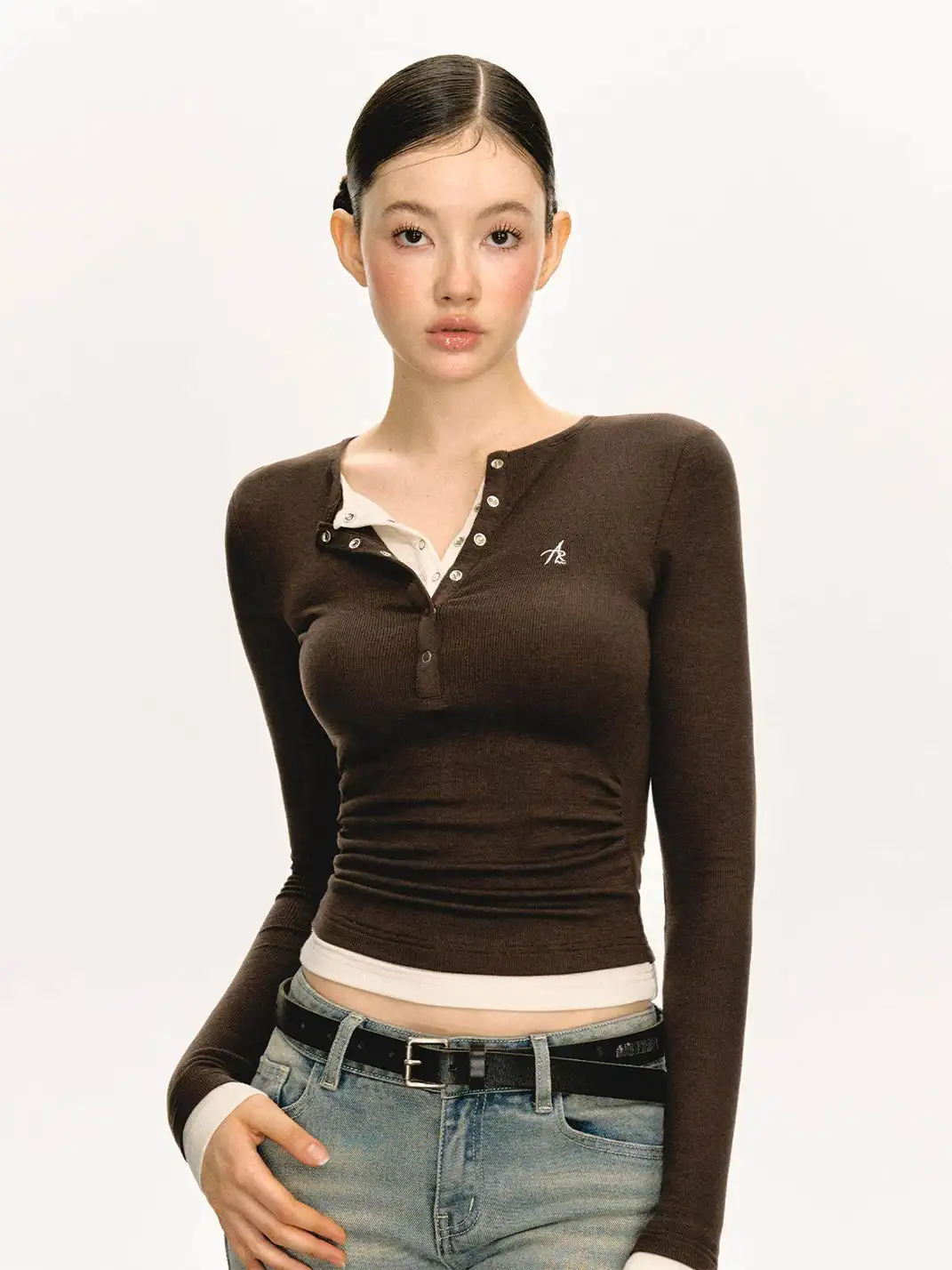 ARISEISM | Henley Collar Knitted Faux Two-Piece Long-Sleeved Top