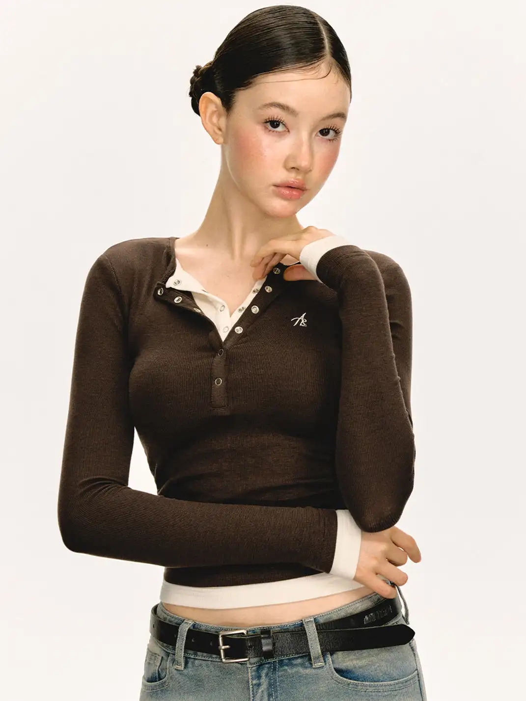 ARISEISM | Henley Collar Knitted Faux Two-Piece Long-Sleeved Top