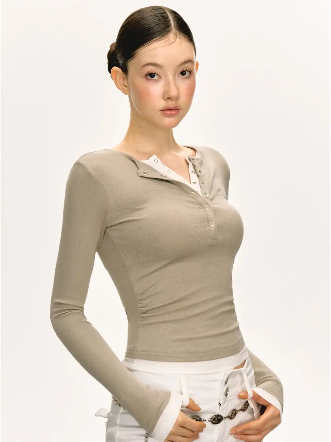 ARISEISM | Henley Collar Knitted Faux Two-Piece Long-Sleeved Top