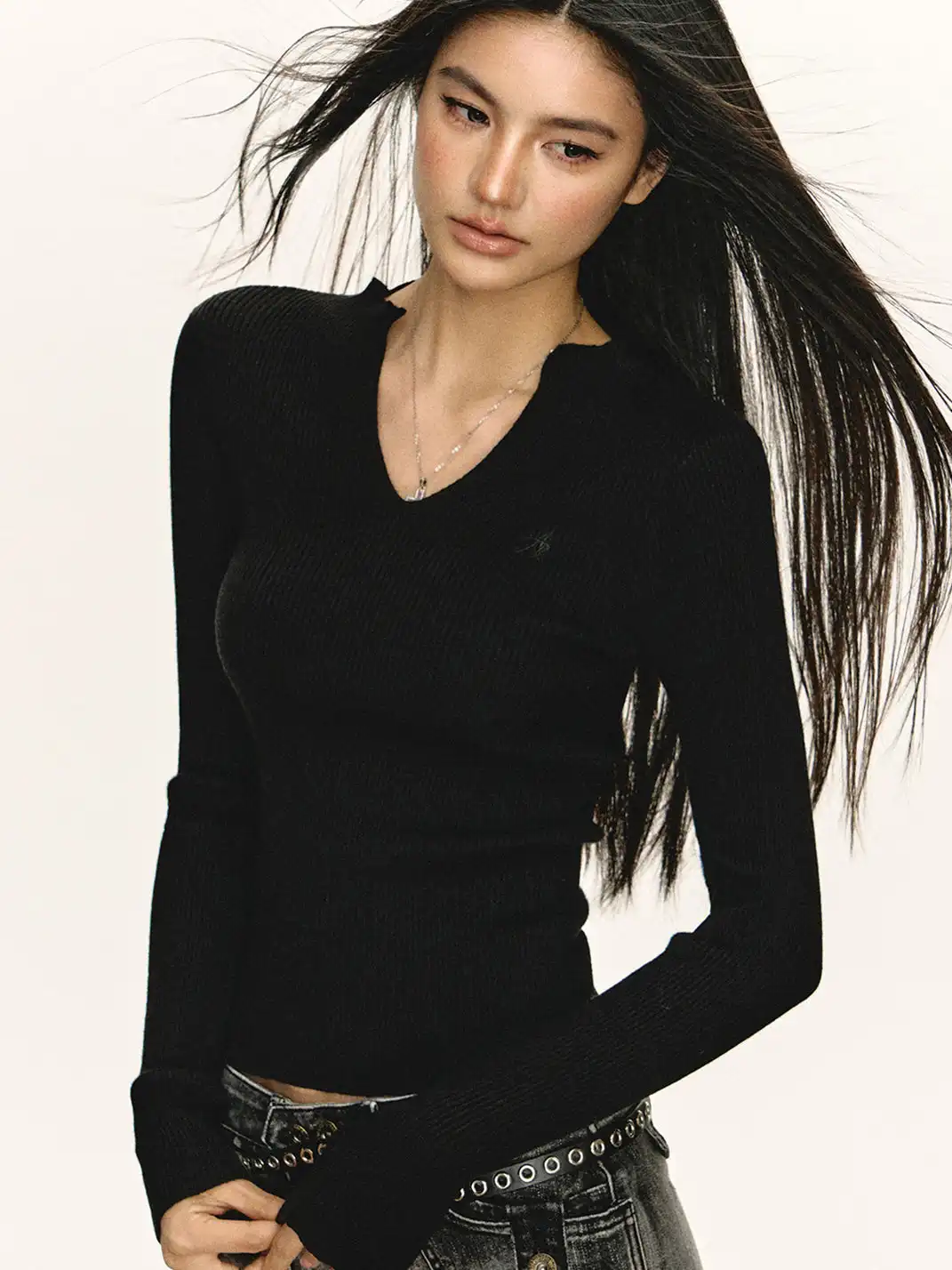 ARISEISM | Retro V-Neck Slim-Fit Long Sleeve