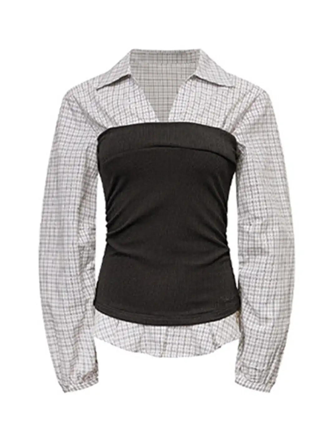 ARISEISM | Plaid Patchwork Faux Two-Piece Long-Sleeved Top