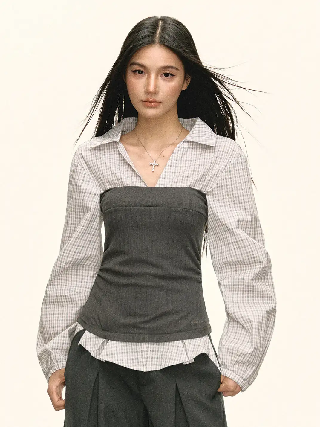 ARISEISM | Plaid Patchwork Faux Two-Piece Long-Sleeved Top