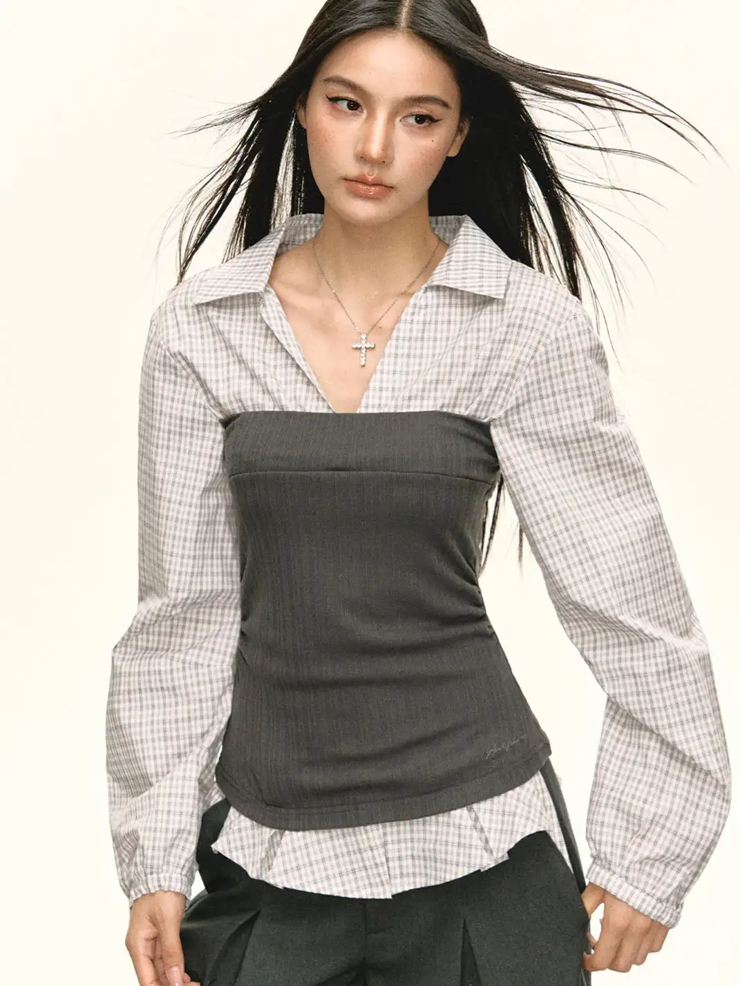 ARISEISM | Plaid Patchwork Faux Two-Piece Long-Sleeved Top