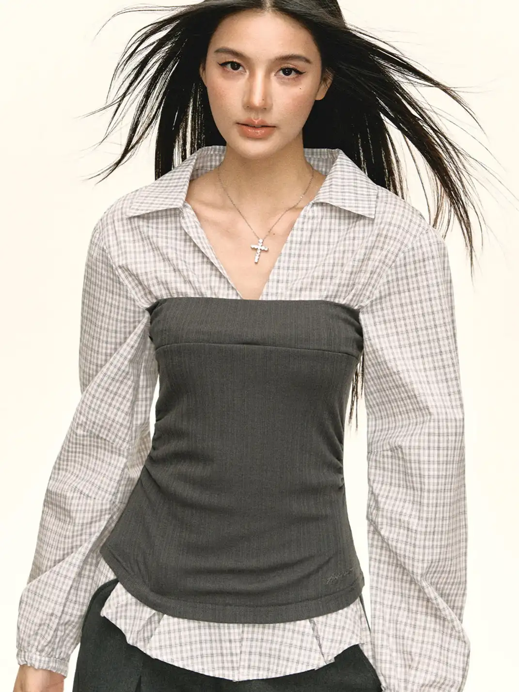 ARISEISM | Plaid Patchwork Faux Two-Piece Long-Sleeved Top