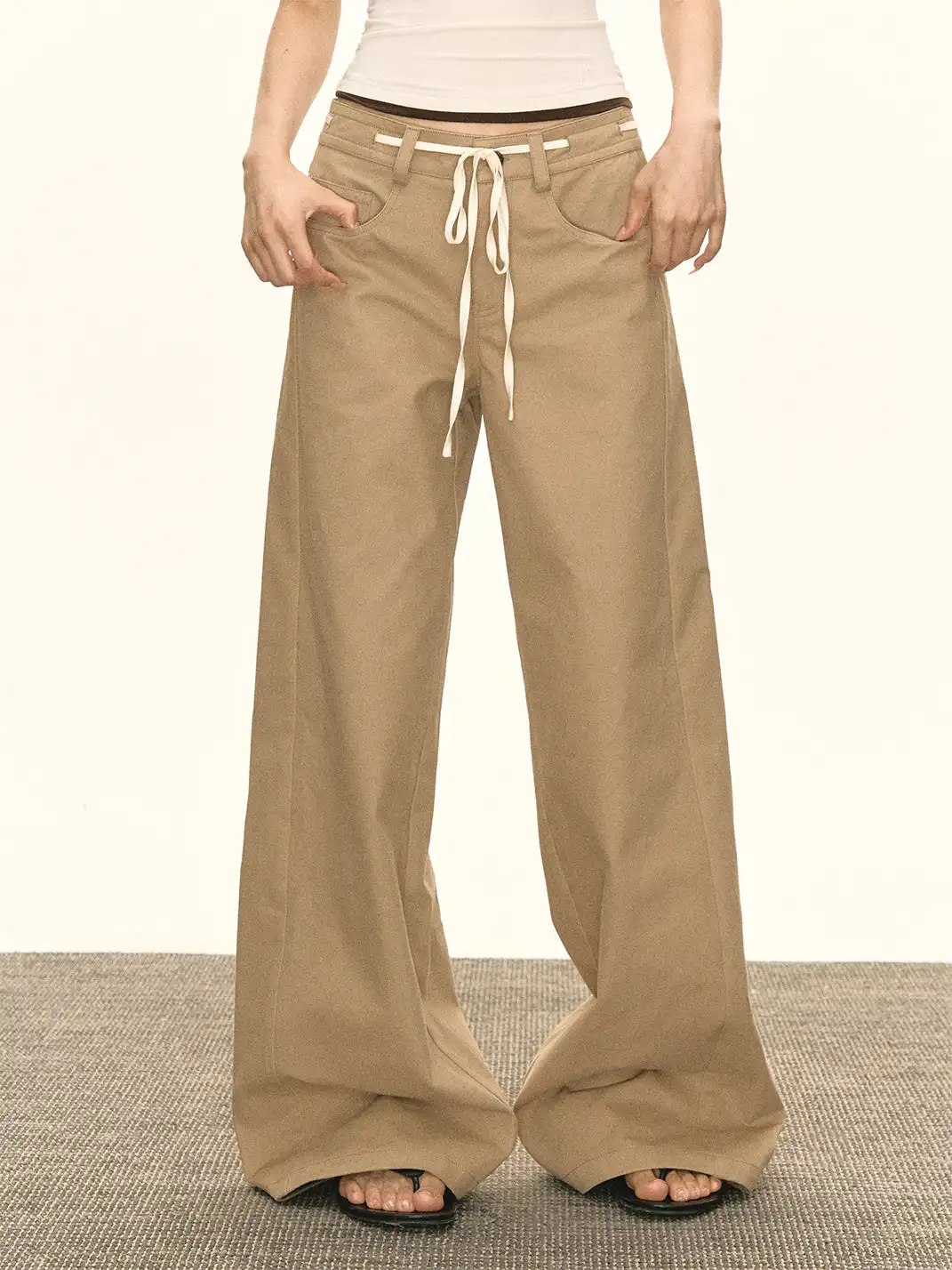 ARISEISM | Khaki Wide-Leg Casual Pants With Drawstring