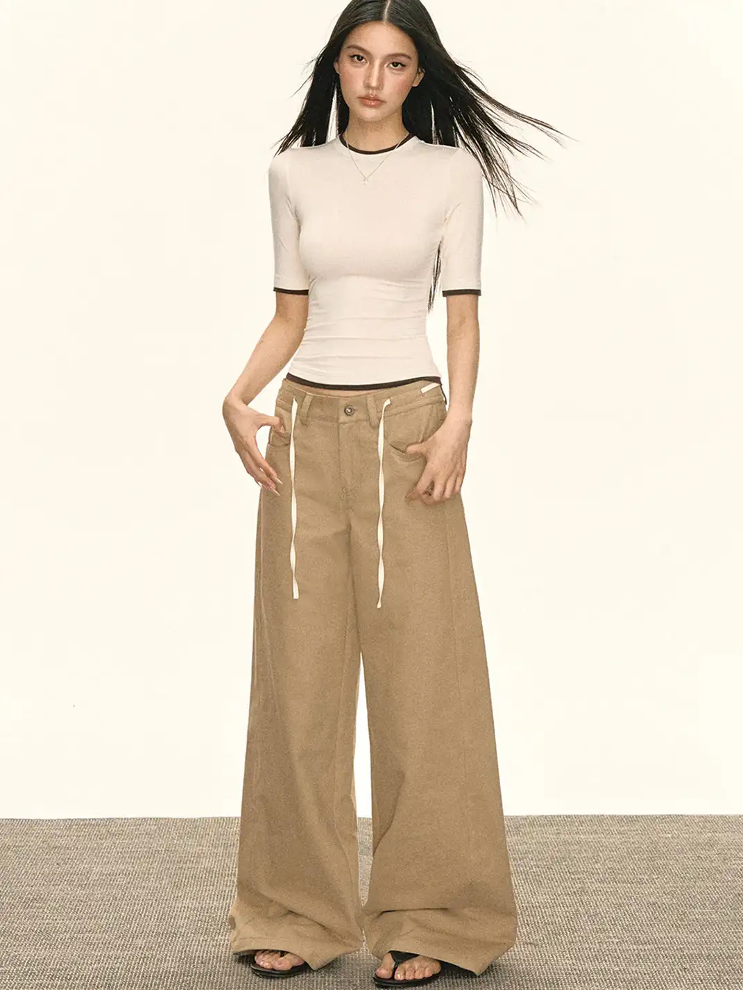 ARISEISM | Khaki Wide-Leg Casual Pants With Drawstring